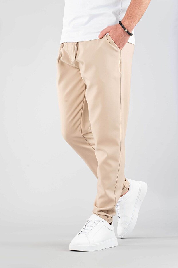 Men's Jogger Pants Elastic Waist Drawstring Cotton Casual Boyfriend Pants Beige