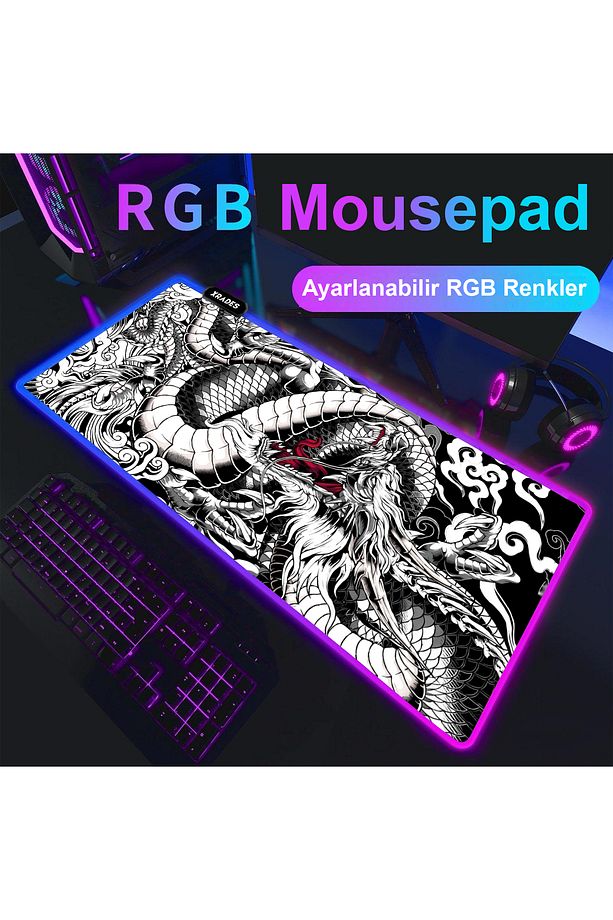 White Dragon RGB Mousepad 80x30 cm 13 farklı renk modu Su geçirmez oyuncu gaming XL mausepad - 1