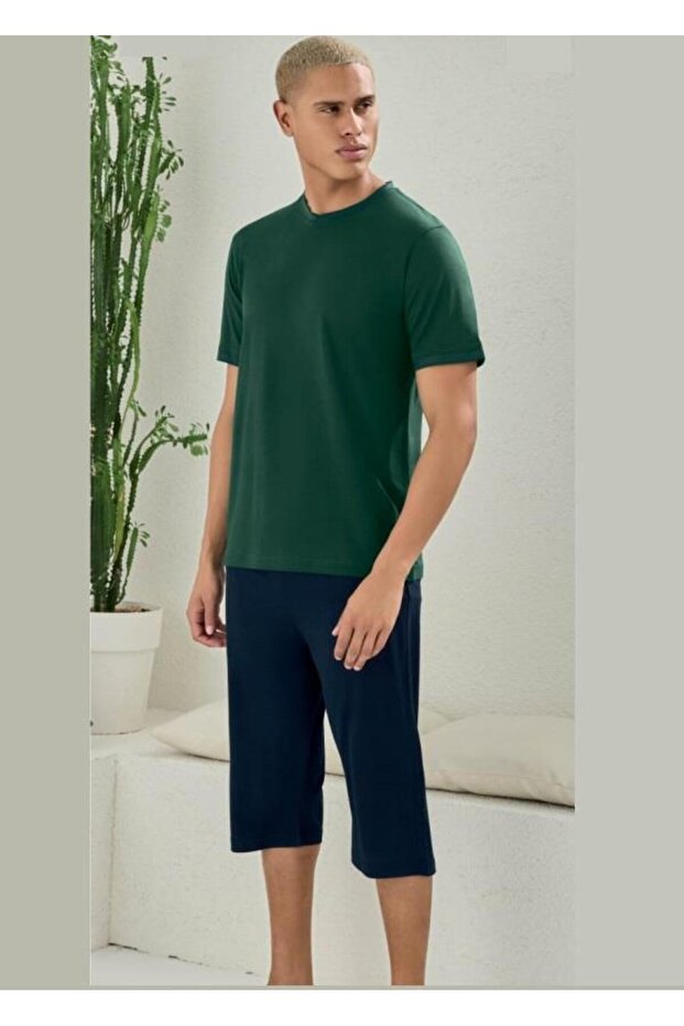 Kly 2052 Men's Green Navy Blue 50% Cotton 50% Modal O-Neck Half Sleeve Capri Set