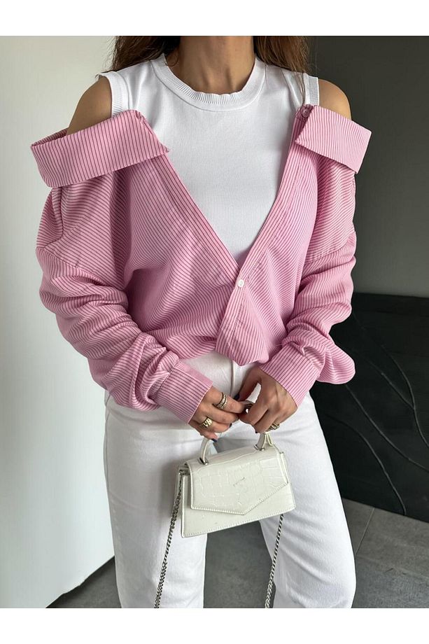 Pembe Triko Atletli Tasarım Gömlek - 5