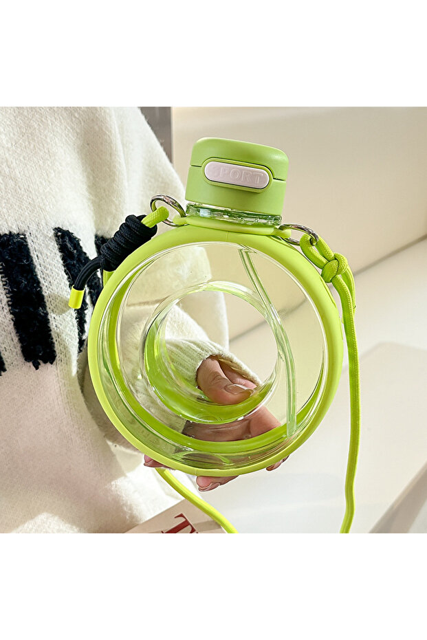 Round Water Bottle 750 Ml, with Hanger and Straw, Green, 20X16