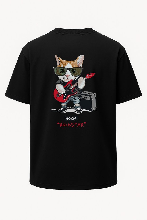Oversize Rockstar Guitarist Cat Printed Unisex T-Shirt
