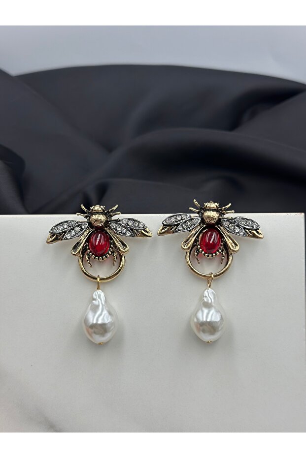 Gold Detailed Red Stone Bee Figured Brand Model Design Earrings