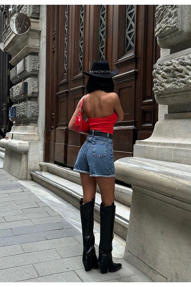 Kadın Mavi Yüksek Bel Mini Kot Şort - 5