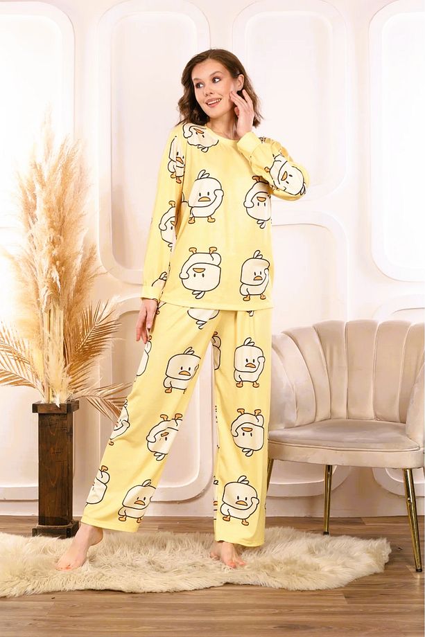Civciv Desenli Bisiklet Yaka Uzun Kol Kadın Pijama Takımı Civcivli New Check Supersoft - 6
