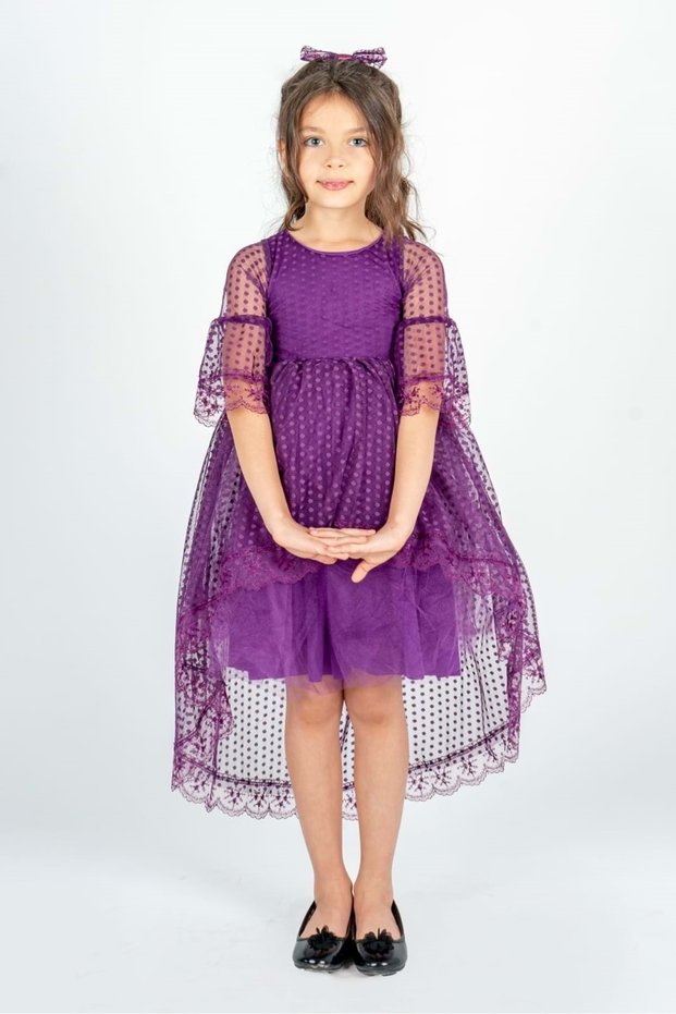 Tailed Model Girl's Lace Dress Mnk0482 Mürdüm