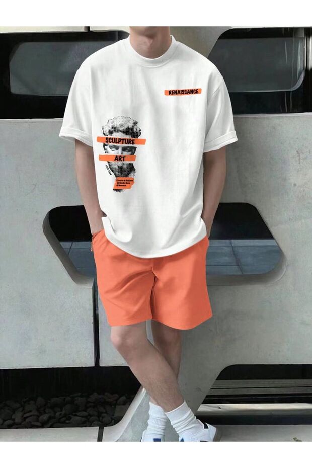 White & Orange Statue Printed Short Sleeve T-Shirt and Shorts Two-Piece Set