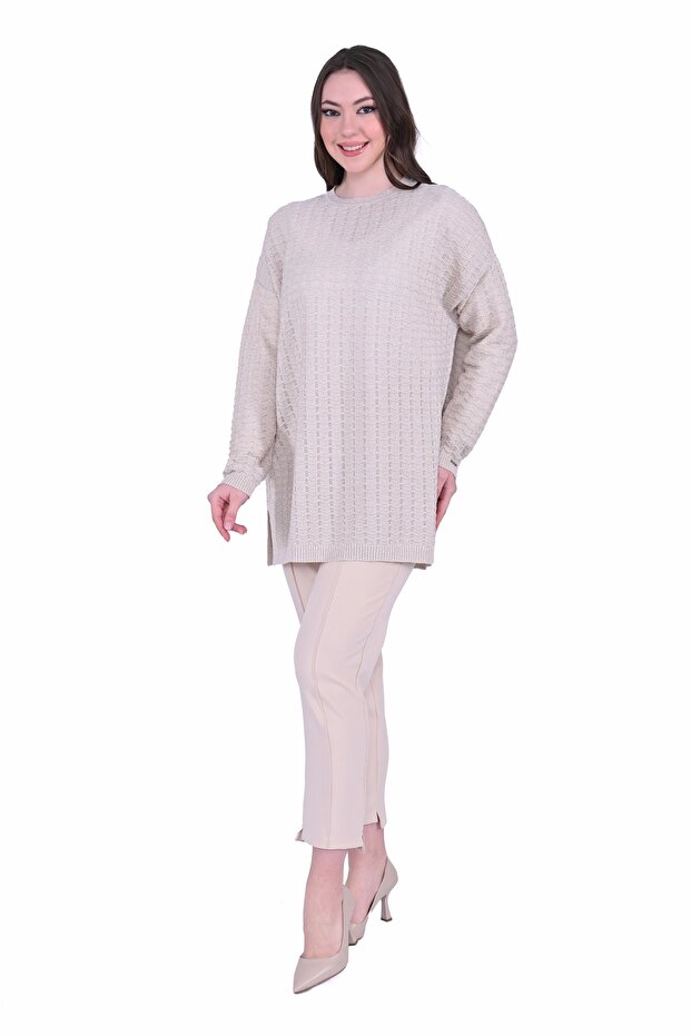 İNVEE 7063 Simli Bej Triko Tunik - 2
