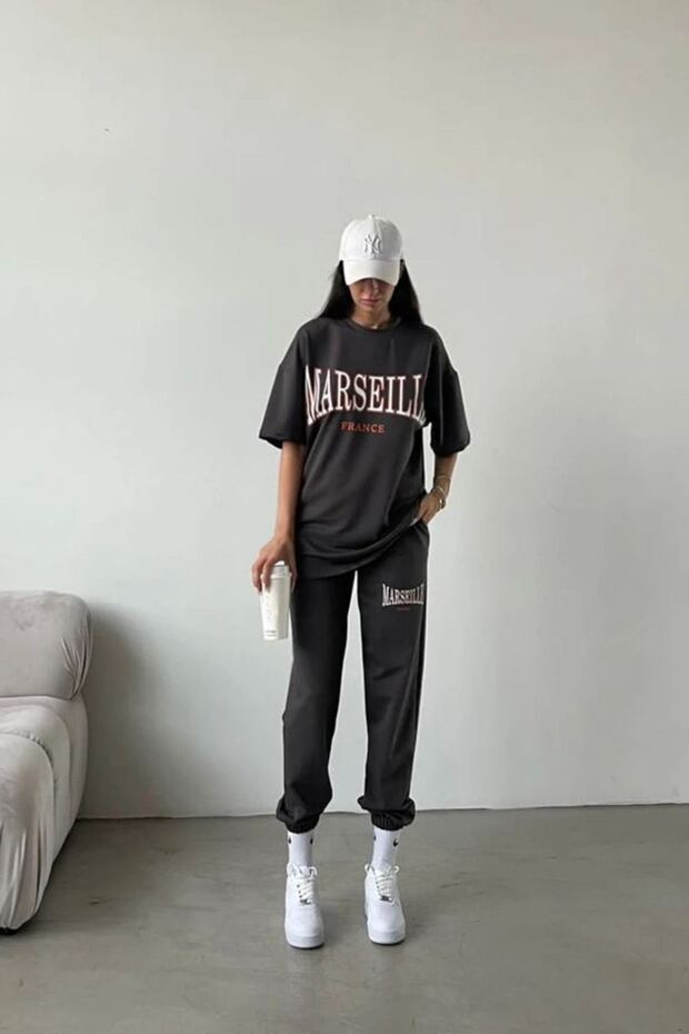 Marseille France Printed Black Sweatshirt and T-Shirt Set - Anthracite Jogger Sweatshirt and Oversized T-Shirt B