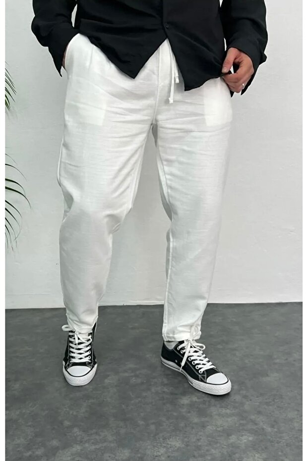 Men's White Boyfriend Linen Trousers Relaxed Cut Double Leg Jogger