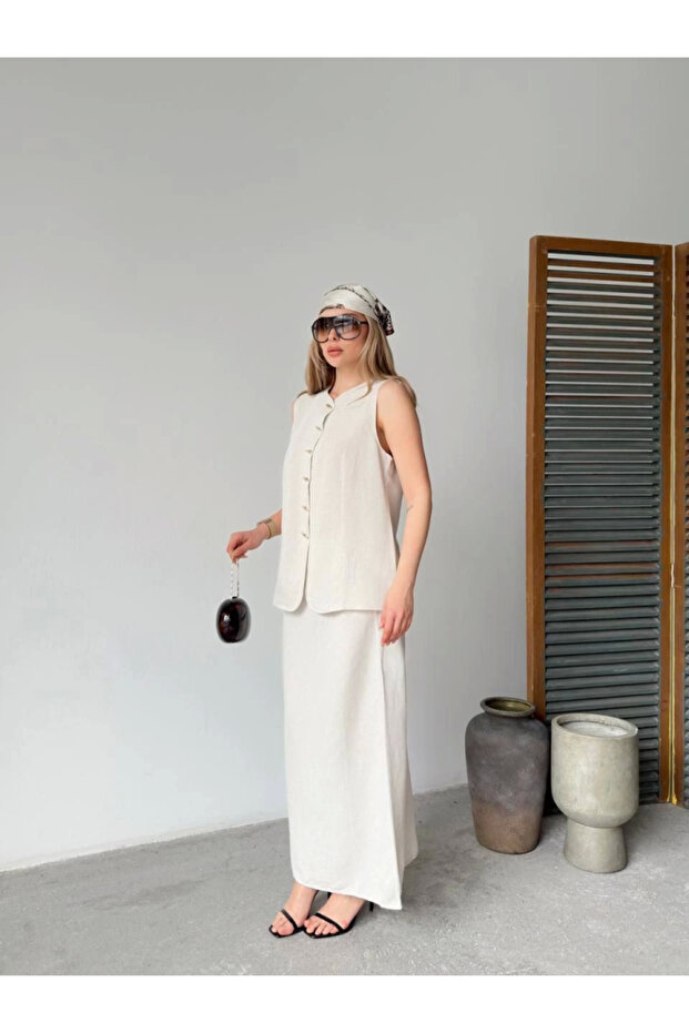 Women's Linen Sleeveless Cardigan Skirt Stylish Double Set