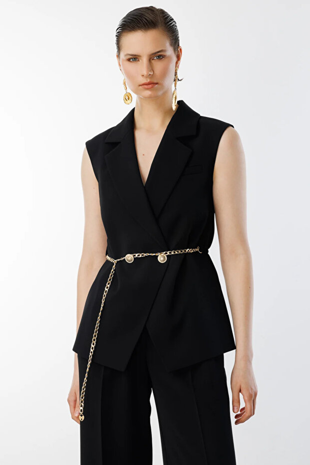 Double Breasted Collar Waist Chain Belt Vest Black
