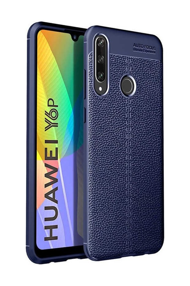 Huawei Y6P Case Leather Pattern Luxury Niss Silicone Navy Blue + Full Screen Protector
