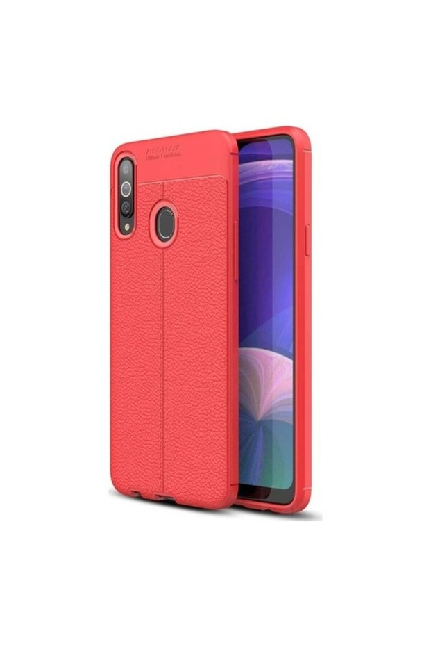 جراب لهاتف Galaxy A20S مصنوع من الجلد بنمط فاخر من السيليكون باللون الأحمر + واقي شاشة زجاجي