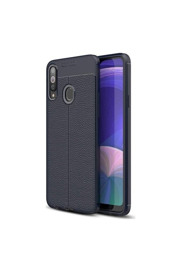 حافظة لهاتف Galaxy A20S بنمط جلدي فاخر من السيليكون باللون الأزرق الداكن + واقي شاشة نانو