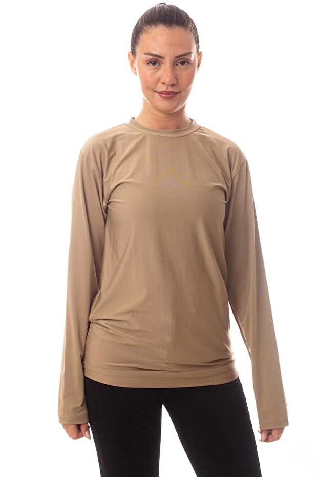 Long Sleeve Sand Beige Round Collar Microfiber Nano Iclik Tisort