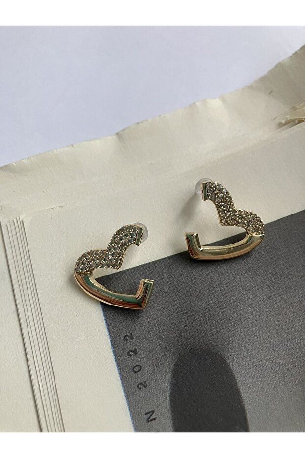 Zircon Stone Detailed Steel Heart Earrings