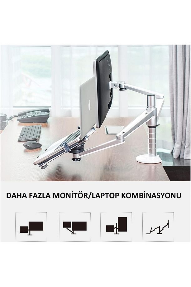 Çift Kollu Monitör ve Laptop Standı Ayarlanabilir Alüminyum Kol Masa Üstü Monitör ve Laptop Tutucu - 4