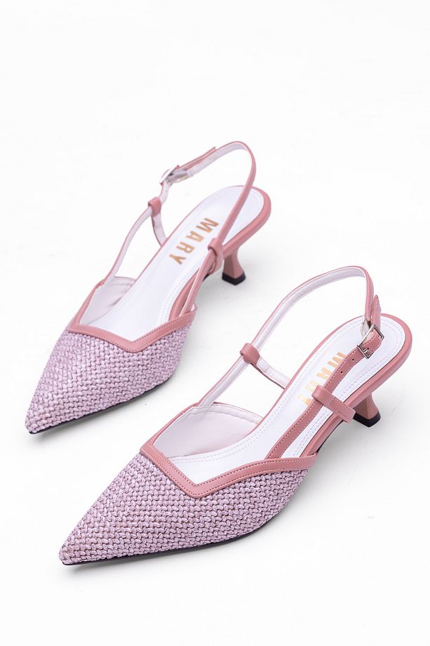 Kadın Hasır Dokulu İnce Topuklu Slingback Ayakkabı - Zarif Örgü Detaylı Yazlık Şık Topuklu Ayakkabı - 3