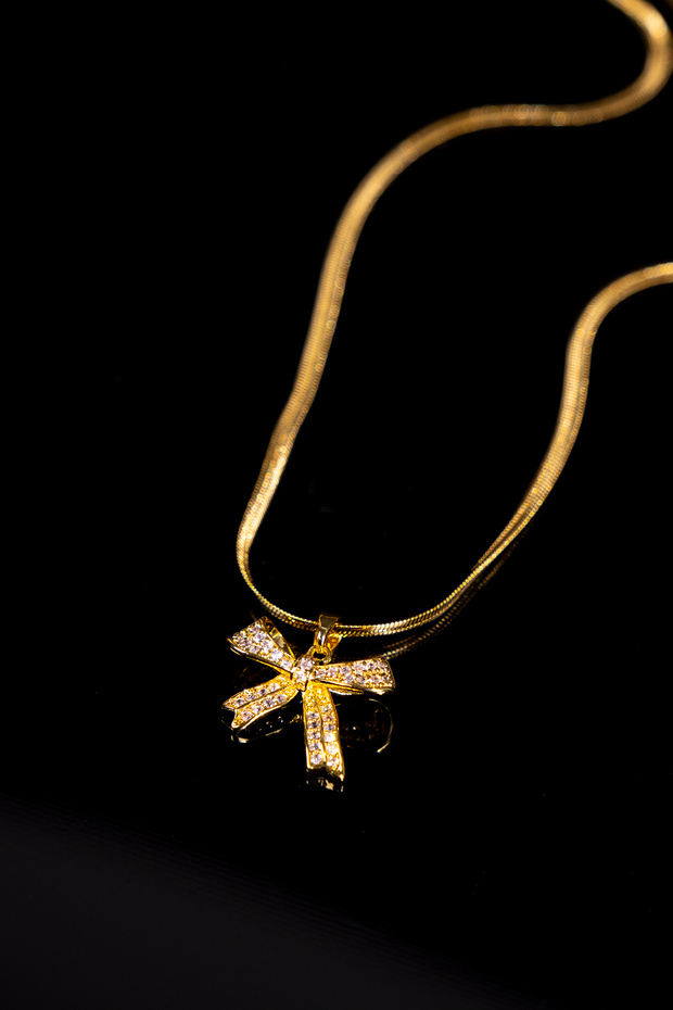 Bow Model, Stylish and Elegant Gold Steel Necklace with Italian Scrunch Chain