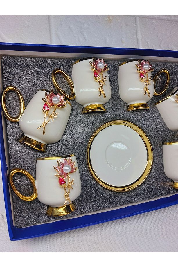 Lotus çiçeği 6 kişilik kahve fincanı takımı - 3
