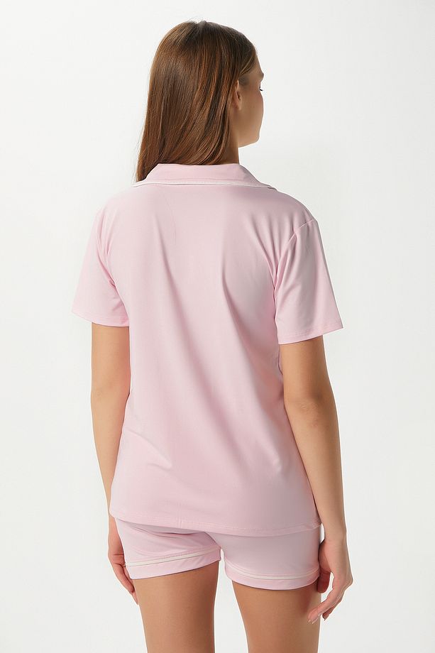 Kadın Violet Pembe Şortlu Fiyonklu Alt Üst Pijama Takımı - 5