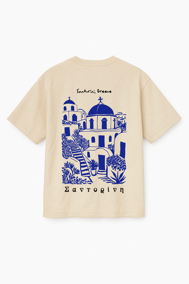 Beige Color Oversize Greece, Santorini Printed Unisex T-Shirt T-Shirt