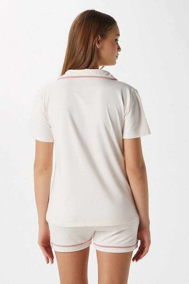 Kadın Violet Ekru Şortlu Fiyonklu Alt Üst Pijama Takımı - 5