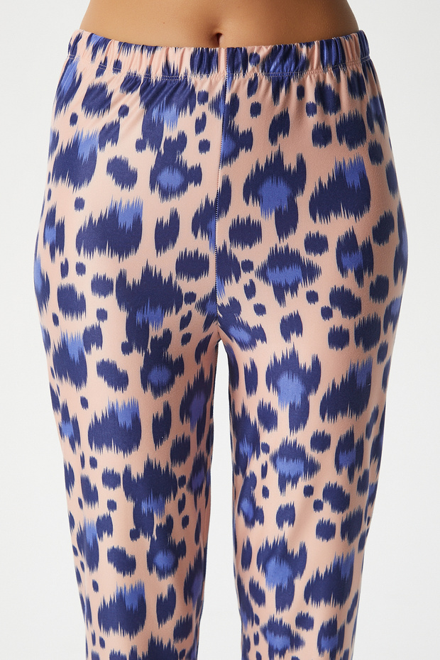 Kadın Andra Mavi Leo Desen Ön Düğmeli Kısa Kol Alt Üst Pijama Takımı - 8