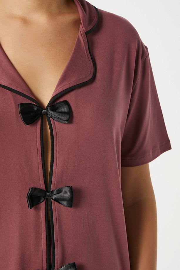 Kadın Violet Gülkurusu Şortlu Fiyonklu Alt Üst Pijama Takımı - 5