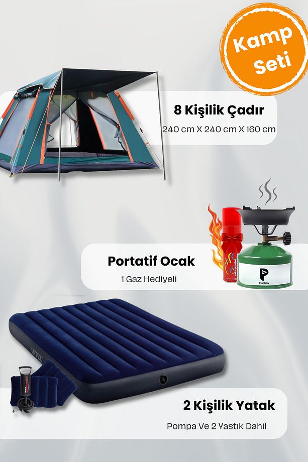 8 Kişilik Tenteli Çadır Seti 2 Kişilik Yatak ve Kamp Ocağı - 1