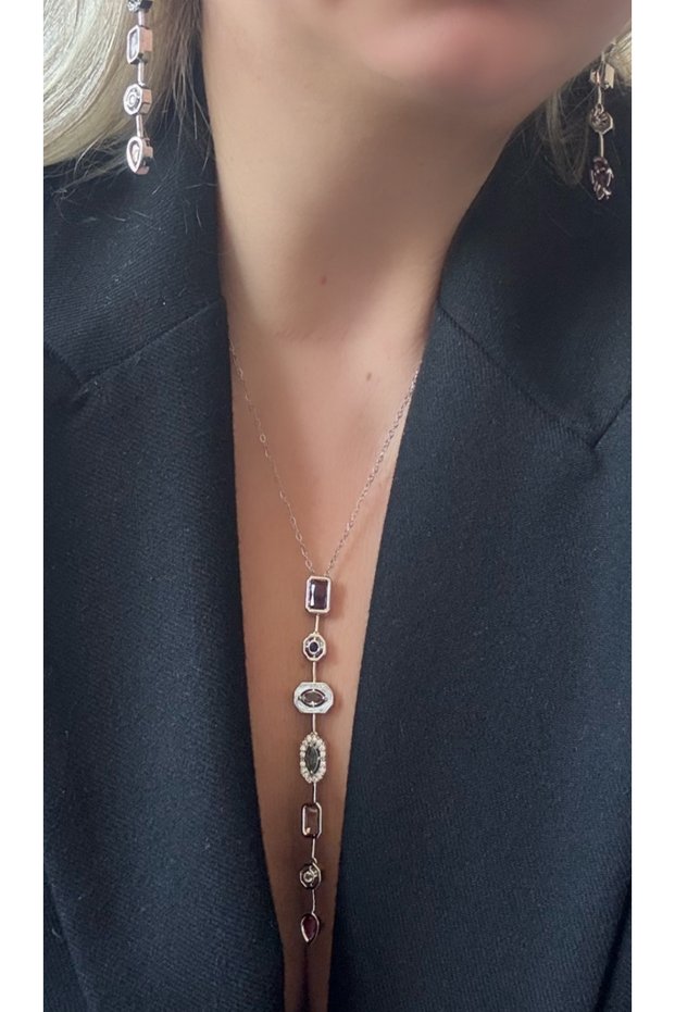 Silver Colored Stone Y Model Necklace