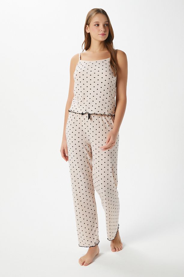 Kadın June Askılı Kalp Desen Pudra Alt Üst Pijama Takımı - 8