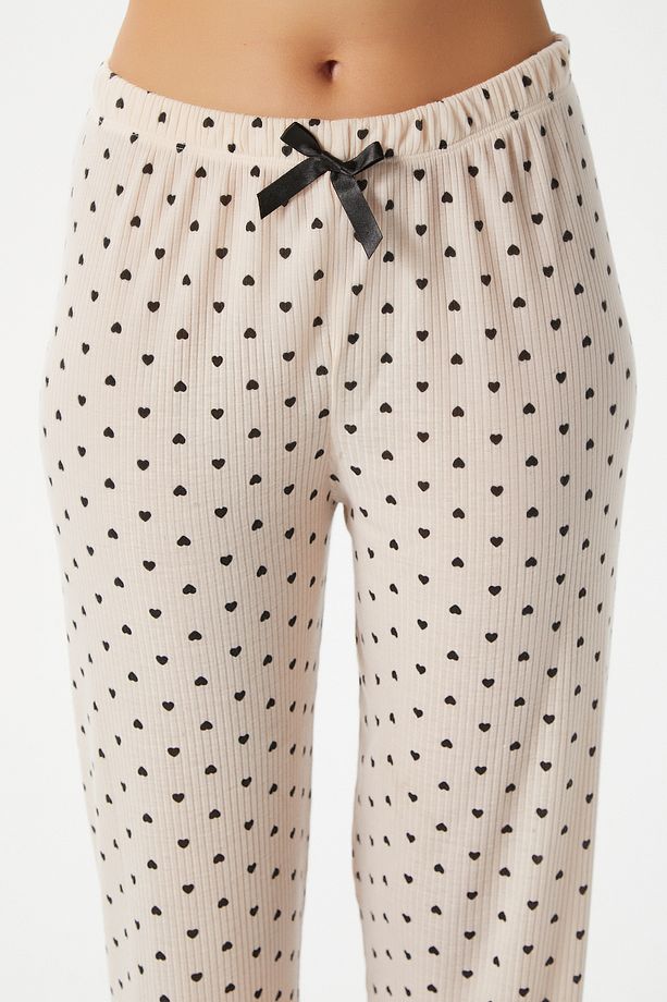Kadın June Askılı Kalp Desen Pudra Alt Üst Pijama Takımı - 7