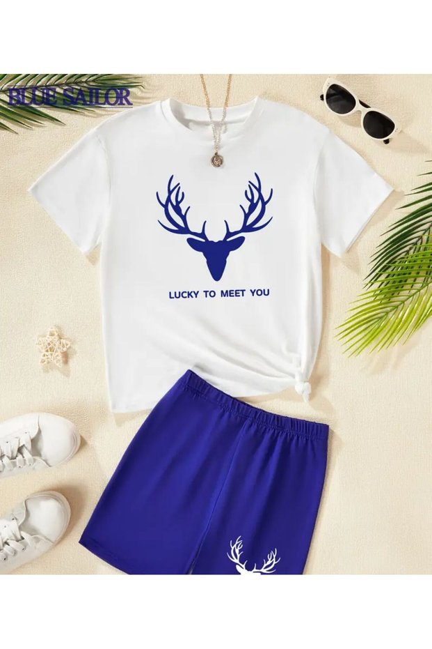 Lucky to Meet You Printed White Cobalt Blue Summer 100% Cotton Children's Set