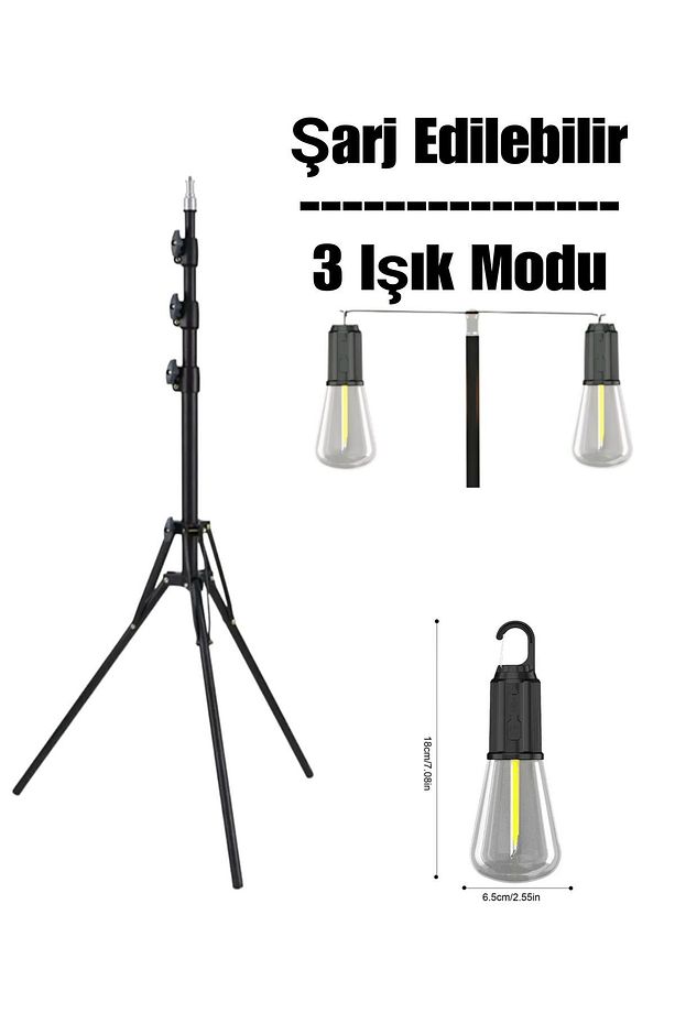 2 Led Gece Kitap Okuma Işığı Standlı 3 Mod'lu Şarjlı Dekor Led Lamba Rustik Ampul Lambader Fener - 5