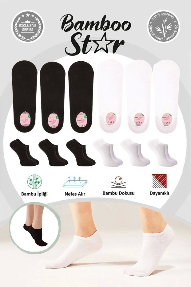Bamboo Women's Sneaker 3 Black - 3 White Socks Seamless Ankle Invisible Sports Socks Premium 6-Pack