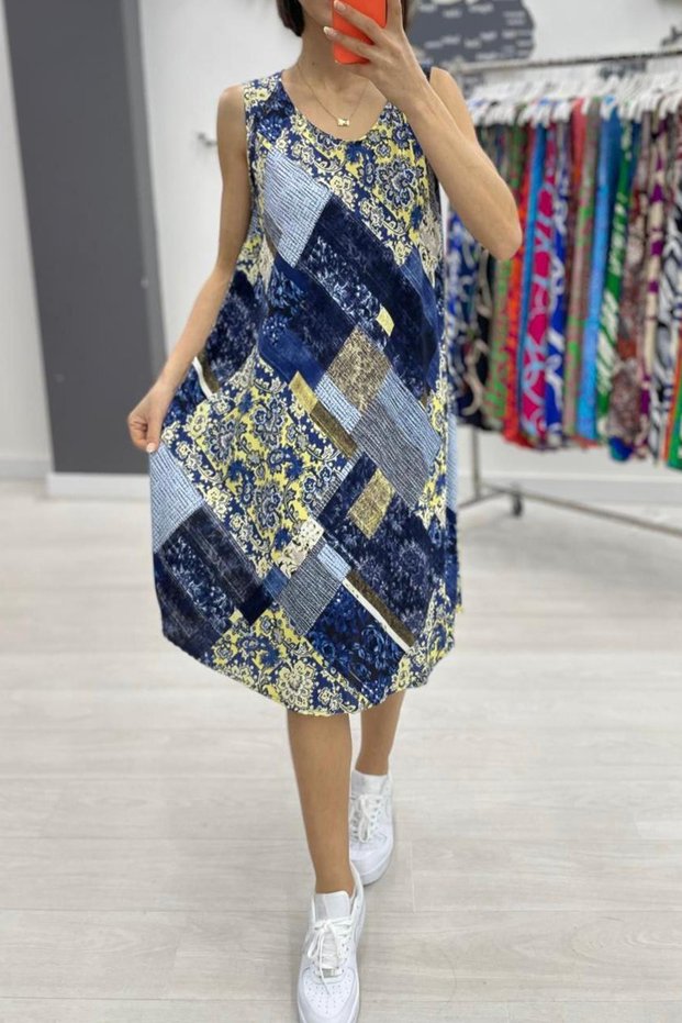 Women's Blue Patterned Sleeveless Midi Dress