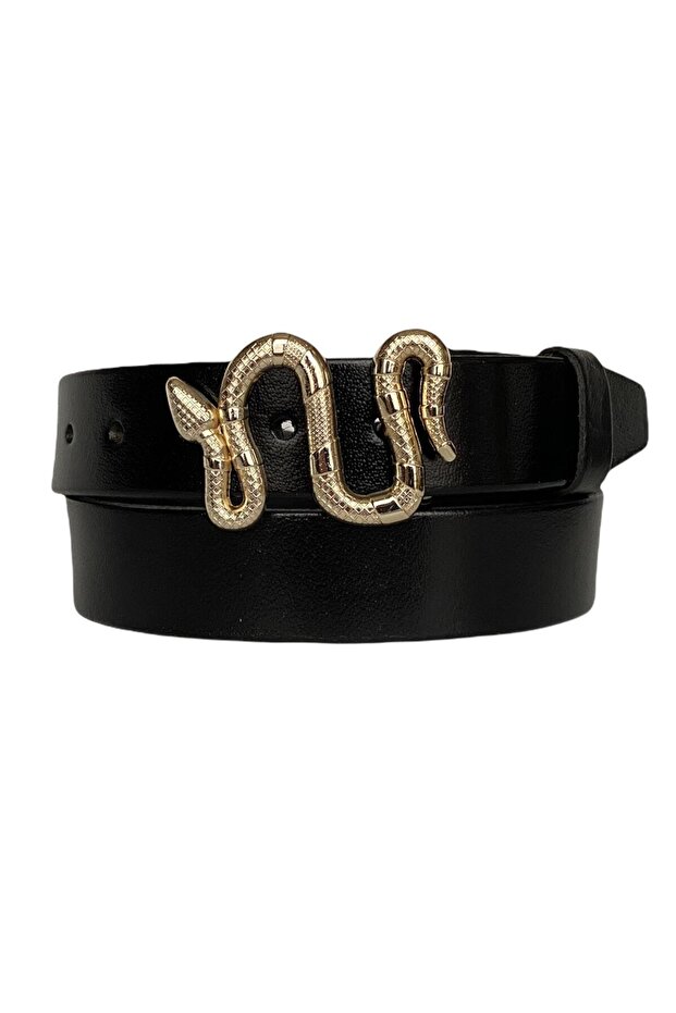 100% Genuine Leather, Black Women's Jeans with Gold Snake Buckle, Sports Belt 4 Cm=an-byn-47