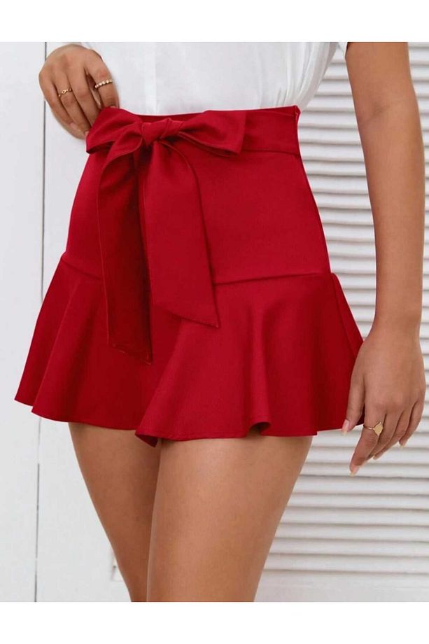 Beli kuşaklı Volanlı içi taytlı mini etek - 3