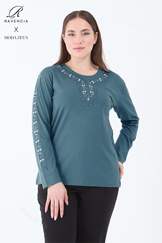 Women's Emerald Stripe Floral Patterned Stoned Slit Lycra Viscose Mother Combed Cotton Blouse