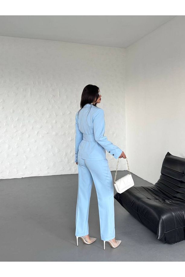 Kadın Zımba Kemer Detaylı Çıtçıtlı Cekete Palazzo Pantolon Şık Takım Elbise - 7