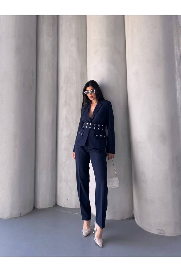 Women's Buckle Belt, Detailed Snap-Front Jacket, and Palazzo Pants—A Stylish Suit