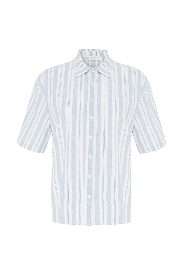 Women's Blue Striped Short Sleeve Shirt