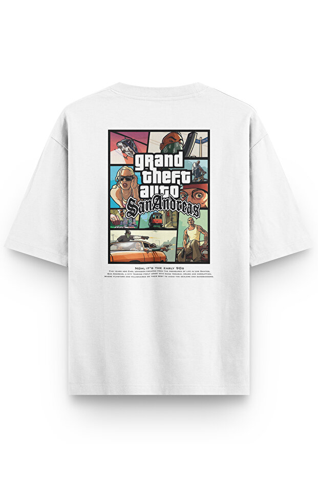 تي شيرت Gta San Andreas Back مطبوع Semi قصة فضفاضة أبيض 1364