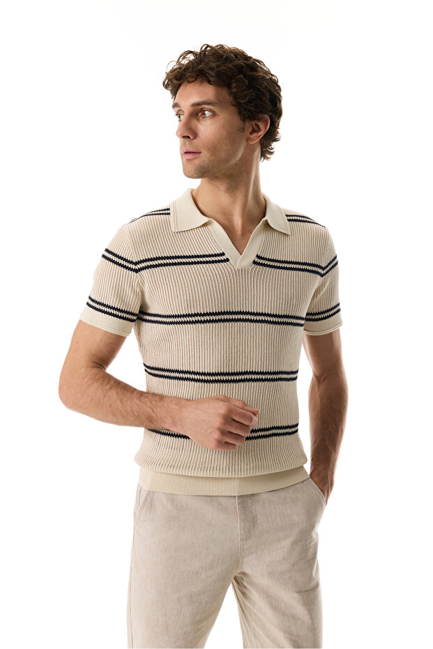 Men's Ecru Striped Polo Collar Short Sleeve Knit Sweater
