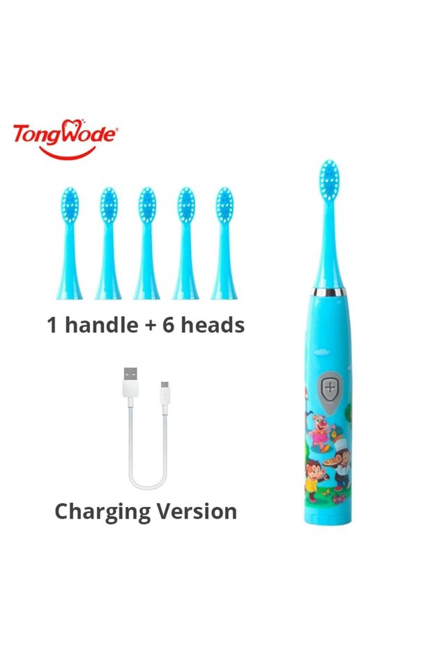 Blue With 6 Heads Children Sonic Electric Toothbrush Colorful Cartoon For Kids USB Rechargeable Soft