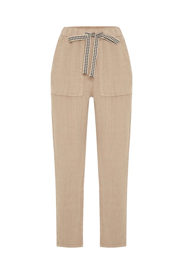 Women's Beige Color Straight Fit Tie-Waist Linen Trousers