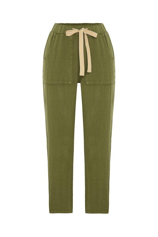 Women's Khaki Straight Fit Tie-Waist Linen Trousers