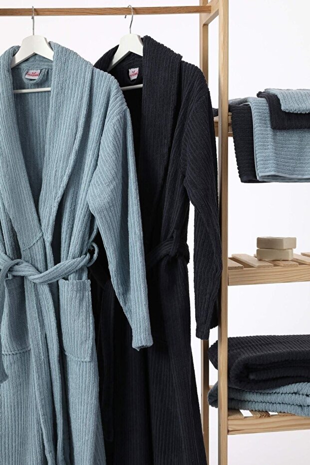 Unisex Cotton Family Bathrobe Set - Anthracite - Mint